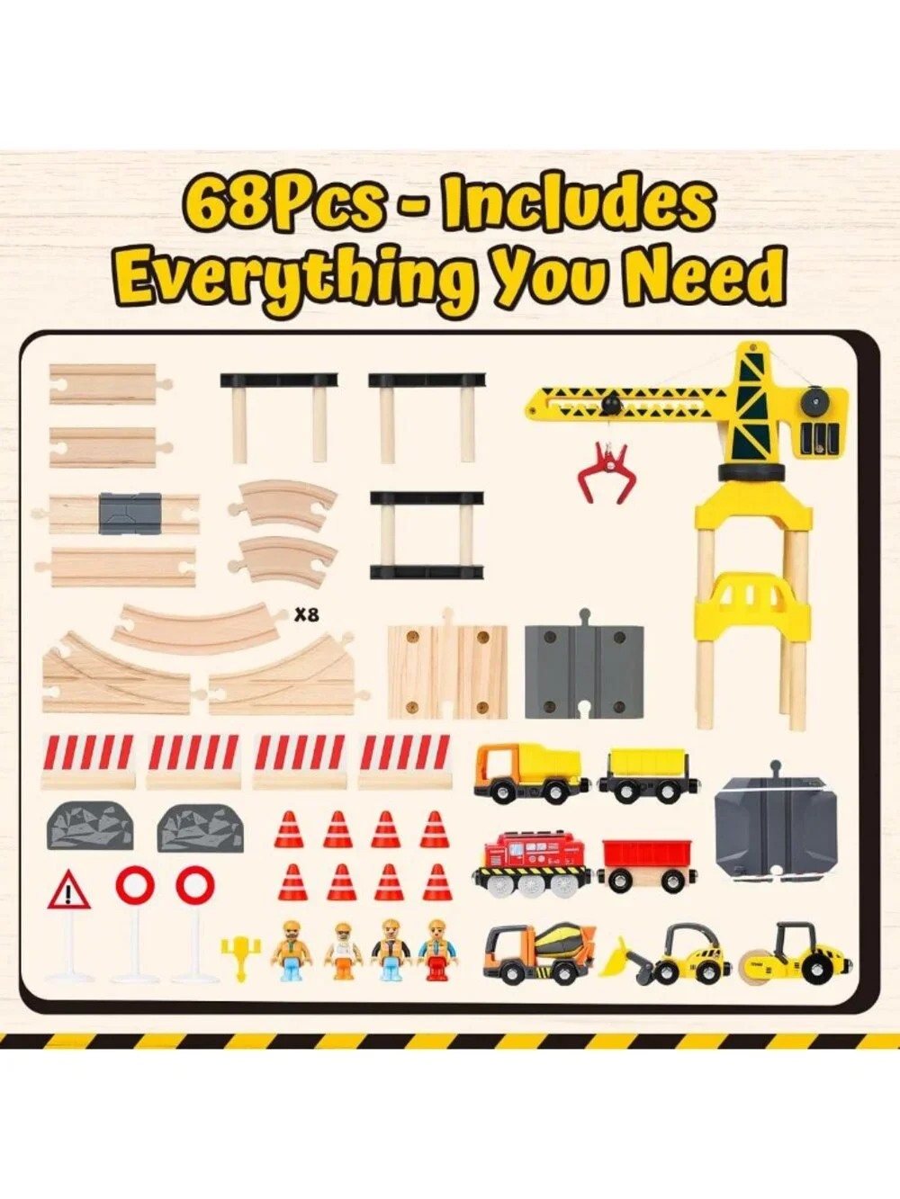 Wooden Train Set for Kids | Construction Toys w/ Crane & Track | Toddler Gift